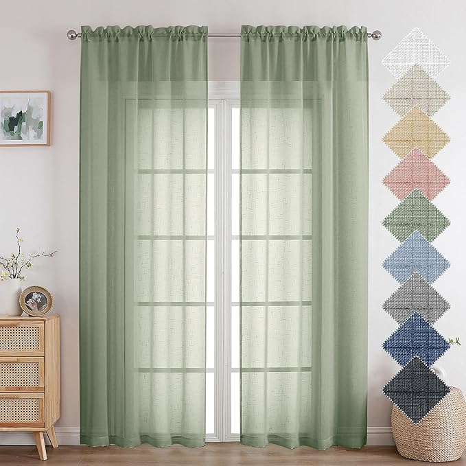 Aiyufeng Kirei Sage Green Linen Sheer Curtains 84 Inch Length 2Panels Set, Flax Textured Semi Sheer Vertical Drapes Privacy with Light Filter for Home Office/Farm House, W40 x L84, Sage Green, 1 Pair