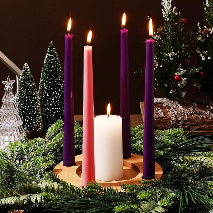 Mumufy 6 Pcs Advent Candle Holder Set Nativity Christmas Centerpiece Religious Decorations Rustic Wooden Advent Candlestick Holders with Purple Pink Taper Candles for Thanksgiving Christmas Nativity