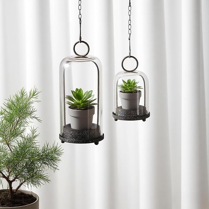 5" & 4" Wide Versatile Metal Candle Holder in Rustic Brown with Handmade Thick & Sturdy Glass Dome Cover for Pillar Candle & Plants, Farmhouse, Shabby Chic Style (2, Brown, Large & Small)