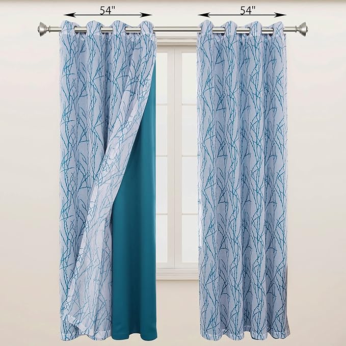 BONZER Mix and Match Curtains - 2 Pieces Branch Print Sheer Curtains and 2 Pieces Blackout Curtains for Bedroom Living Room Grommet Window Drapes, 54x108 Inch/Panel, Teal, Set of 4 Panels