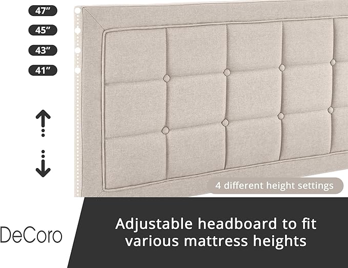 Decoro Mornington Upholstered 2.0 Platform Bed, Button-Tufted Fabric Headboard and Metal Frame with Wood Slat Support, Linen, King