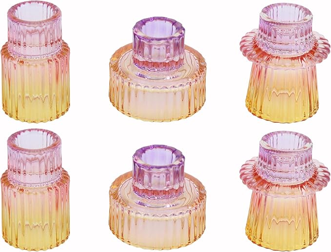 Vixdonos Taper Glass Candlestick Holders Tealight Candle Holders for Table Centerpieces, Wedding Decor and Dinner Party (6 Pcs, Purple-Pink-Yellow)