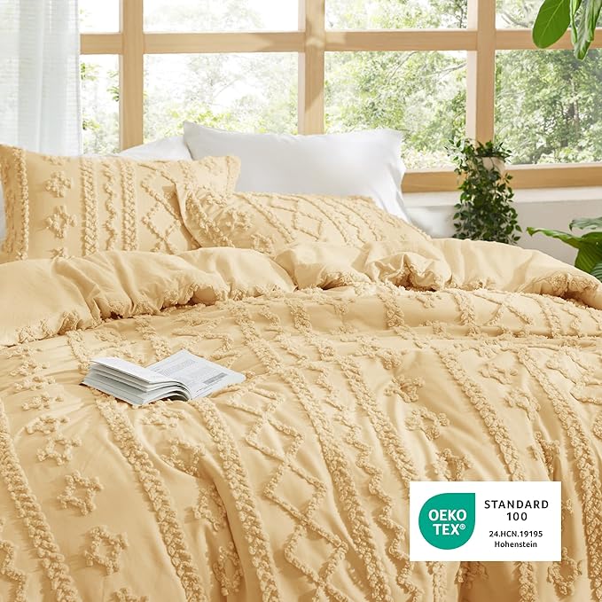 Bedsure Tufted Boho Comforter Set King Size - Yellow Boho Bed Set, GentleSoft™ 3 Pieces Farmhouse Shabby Chic Embroidery Bedding, Gifts for Woman, Soft Jacquard King Comforter for All Seasons