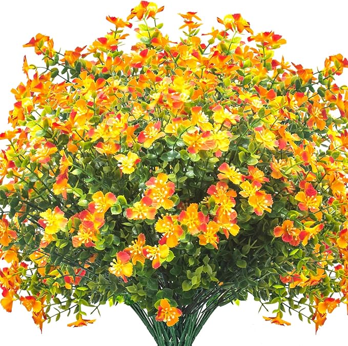 12 Bundles Artificial Fall Flowers for Outdoors, Artificial Plants UV Resistant Fall Fake Mums Plants for Outside Halloween Christmas Porch Decoration ecorations (Orange)
