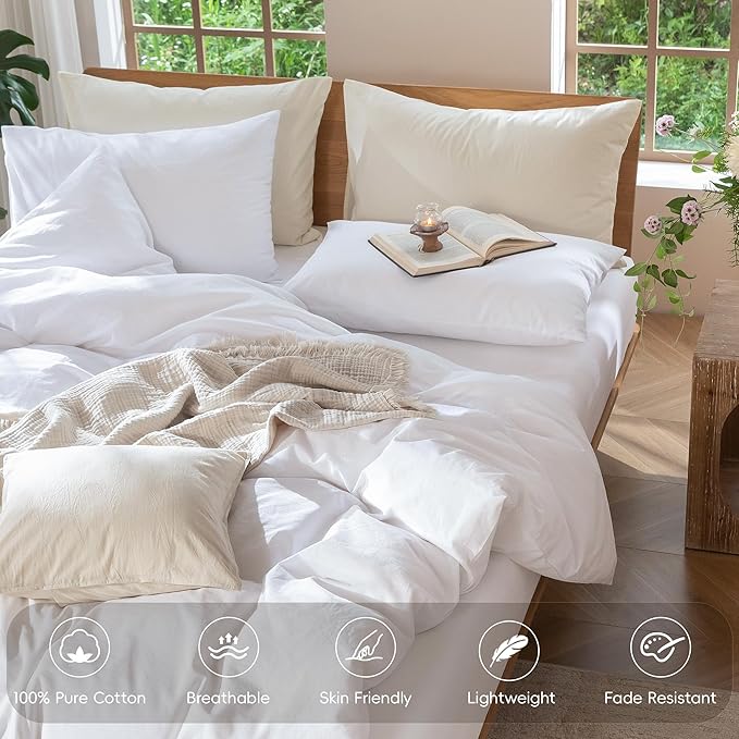 MooMee Bedding Duvet Cover Set 100% Washed Cotton Linen Like Textured Breathable Durable Soft Comfy (Solid Bright White, King 104"x90")