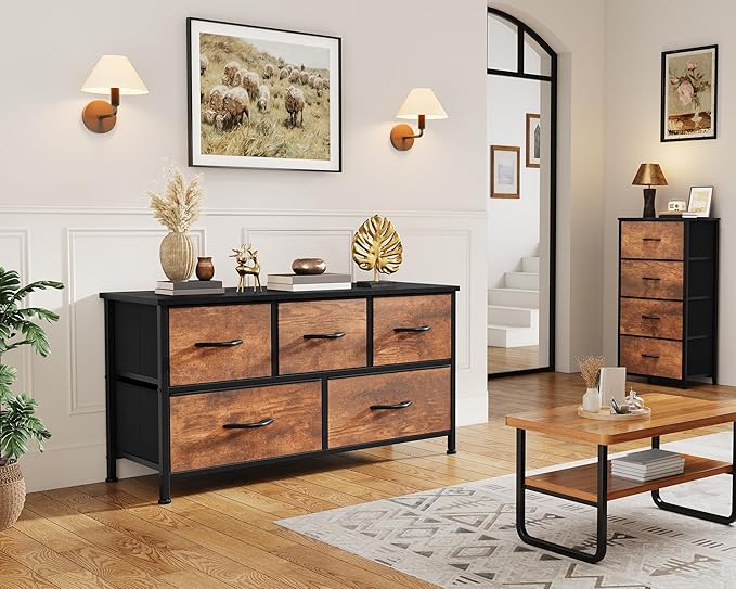 YITAHOME Wide Storage Tower with 5 Drawers - Fabric Dresser, Organizer Unit for Bedroom, Living Room, Closets - Sturdy Steel Frame, Easy Pull Fabric Bins & Wooden Top