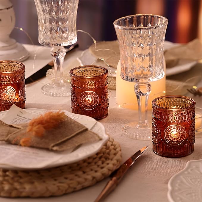 Amber Votive Candle Holder Set of 12, Glass Tea Lights Candle Holders for Home Table Centerpiece, Dinner Parties, Weddings Decor