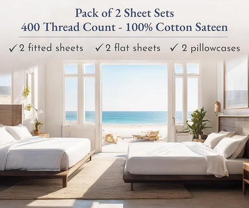 2-Pack Cotton Twin Sheet Sets - 400 Thread Count 100% Cotton Sateen - Extra Soft, Breathable & Cooling Sheets, Wrinkle Resistant, 2 Sets of Deep Pocket Bed Sheets - Ivory (Pale Tone)