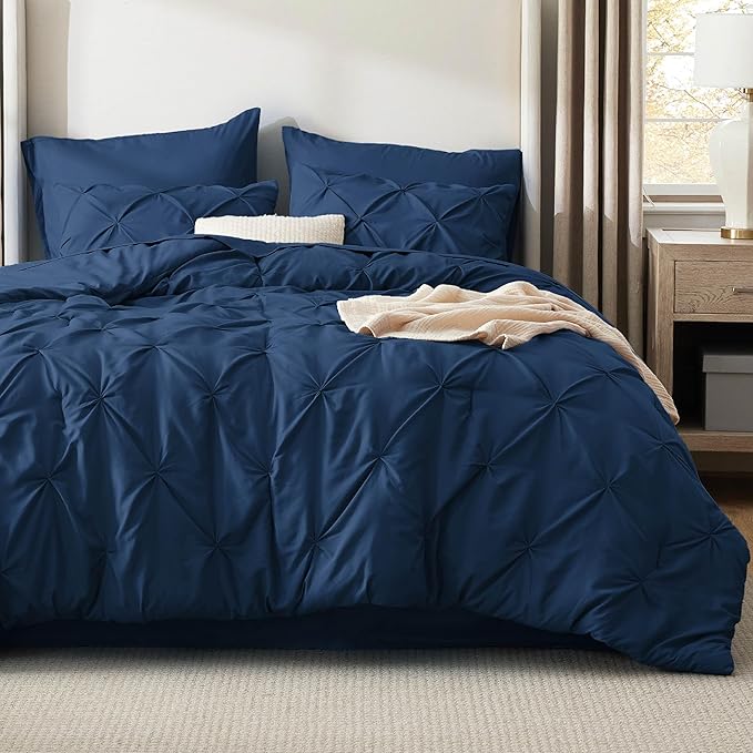 Bedsure Full Size Comforter Sets - Bedding Sets Full 7 Pieces, Pintuck Bed in a Bag Navy Blue Bed Set with Comforter, Sheets, Pillowcases & Shams
