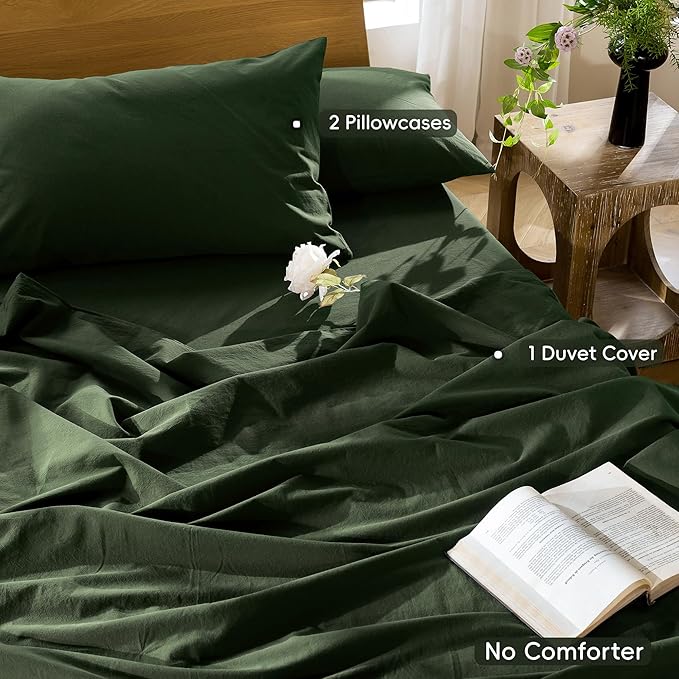 MooMee Bedding Duvet Cover Set 100% Washed Cotton Linen Like Textured Breathable Durable Soft Comfy (Solid Forest Green, Alaska King 132"x120")