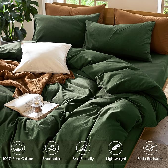 MooMee Bedding Duvet Cover Set 100% Washed Cotton Linen Like Textured Breathable Durable Soft Comfy (Solid Forest Green, Alaska King 132"x120")
