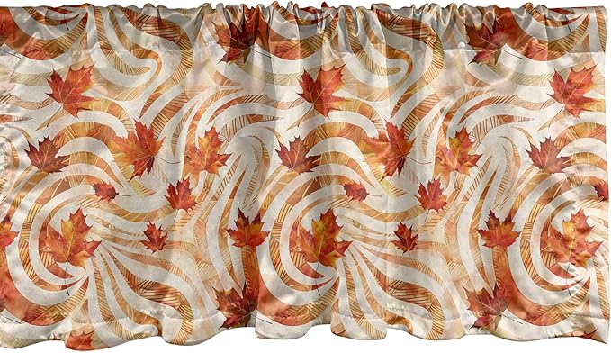 Ambesonne Fall Window Valance Pack of 2, Autumnal Theme with Swirly Intricate Shapes and Flying Leaves Print, Rod Pocket Curtain Valances for Kitchen Bedroom, 54" X 12", Ginger Marigold and Beige