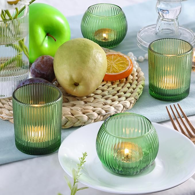 Green Votive Candle Holders Set of 10- Round Green Candle Holders Bulk, Glass Candle Holder for Wedding Home Decoration, Tea Lights Candle Holder for Bridal Shower, Party & Gift
