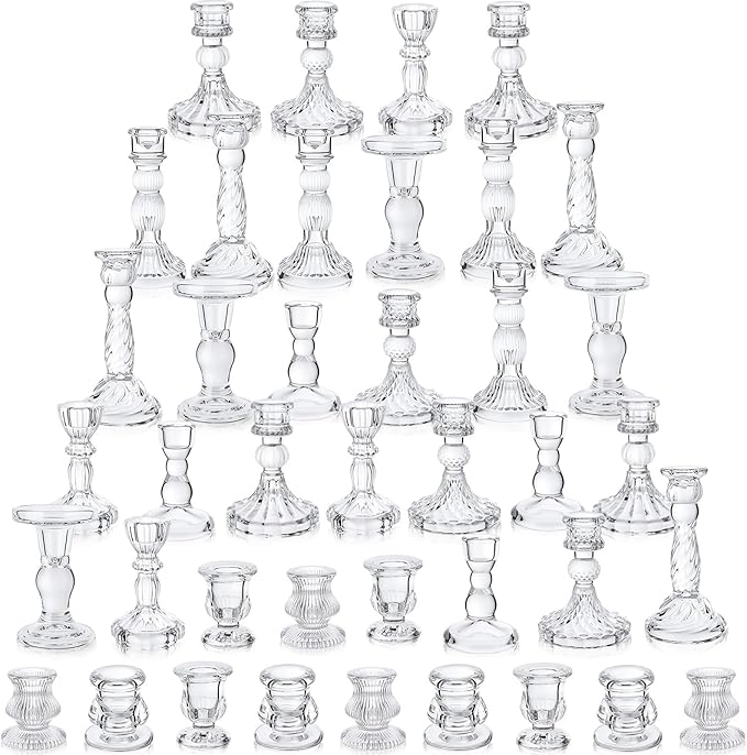 Mumufy 40 Pcs Glass Crystal Taper Candle Holders Clear Glass Candlestick Holder Fit 0.8 Inch Candles Crystal Decorative Candle Stand Centerpiece Table Wedding Dining Party (Classic,Clear)