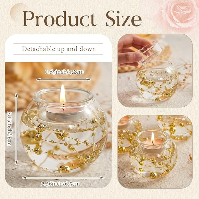 8 Pcs Glass Clear Votive Floating Candle Holders with 8 Pcs Bright Pearl String Beads, Tealight Bowl Candle Holder Bulk for Wedding Centerpiece Home Bridal Shower Party Decor (Gold)