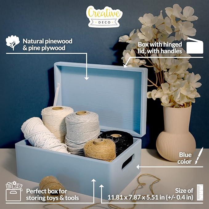 Large Blue Wooden Box Storage with Hinged Lid | 11.8 x 7.87 x 5.51 inches (+-0.5) | with Handles | Gift Box Storage | Product NOT Intended for 15 Years OR Below