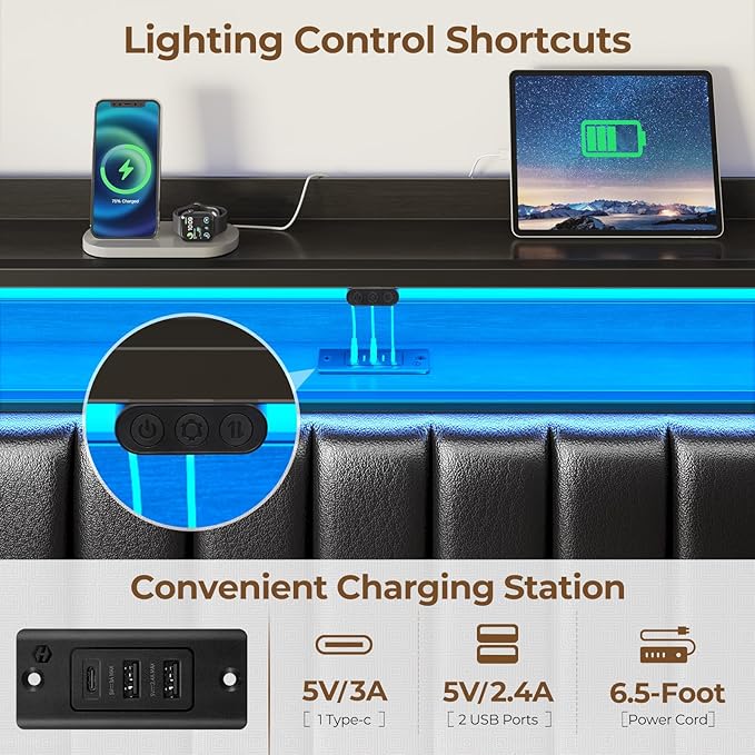 Rolanstar Headboard for King Size Bed with Storage, 60,000 DIY Color of LED Light, Head Board with USB & Type C Port, Height Adjustable, Black Upholstered Cabeceras de Cama Comfortable Modern, Leather