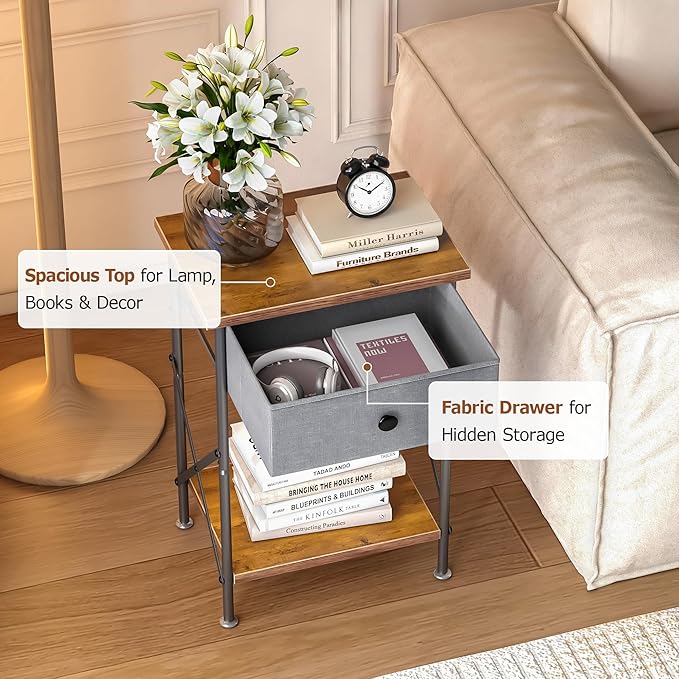 VECELO Nightstand with Drawer, Small Bedside Table with Storage and Adjustable Metal Legs, Wood End Table for Bedroom or Living Room, Perfect for Small Spaces and Modern Farmhouse Décor, Retro Brown