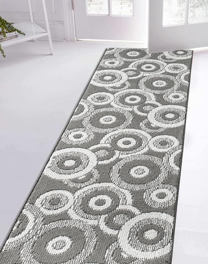 Custom Length Cut to Size Retro Modern Geometric Carpet Runner Rug for Hallways, Non Slip Rubber Backed, 31 inch Wide X Customized Length, Geo Grey, 31 inch X 25 feet