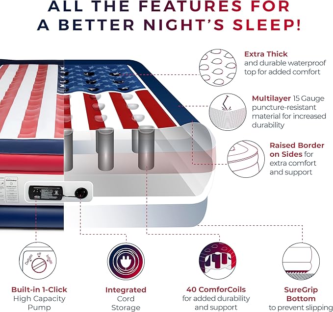 SoundAsleep Dream Series Luxury USA Air Mattress with ComfortCoil Technology & Built-in High Capacity Pump for Home & Camping- Double Height, Adjustable, Inflatable Blow Up, Portable - Queen Size