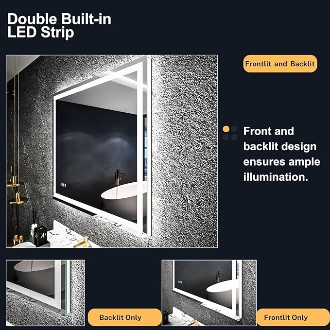 28" x 36" LED Mirror, Front & Backlit, Stepless Dimmable, Anti-Fog, Shatter-Proof, Memory, 3 Color Smart Mirror (Horizontal/Vertical)