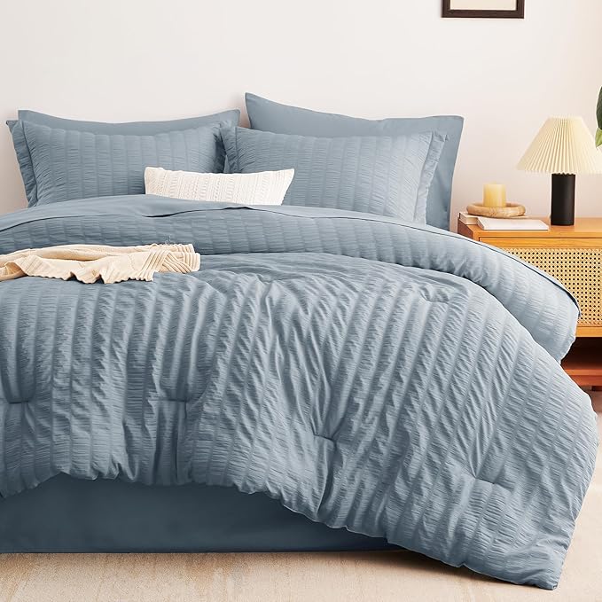 CozyLux Grayish Blue Full Size Comforter Sets with Sheets 7 Pieces, Dusty Blue Seersucker Bed in a Bag Textured Luxury Soft Bedding Set with Down Alternative Comforter, Sheets, Pillowcases & Shams
