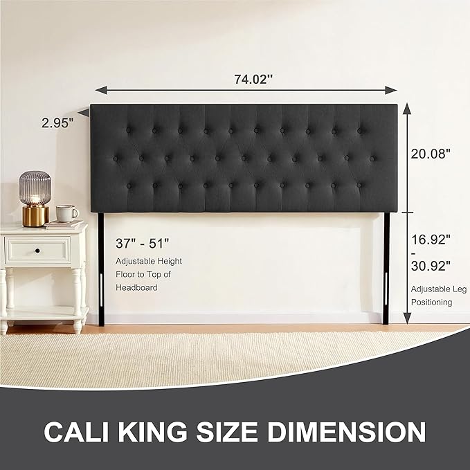 Tufted Upholstered Headboard California King Size, Solid Wood Head Board with Durable Metal Legs, Adjustable Height Bed headboard from 37” to 51” Fabric Headboard in Button Design, Black