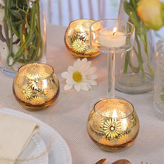 Gold Mercury Glass Votive Candle Holders Set of 12, Round Tealight Candle Holders Bulk for Table Centerpieces, Weddings, Shower Gifts, Christmas, Halloween Party Decorations