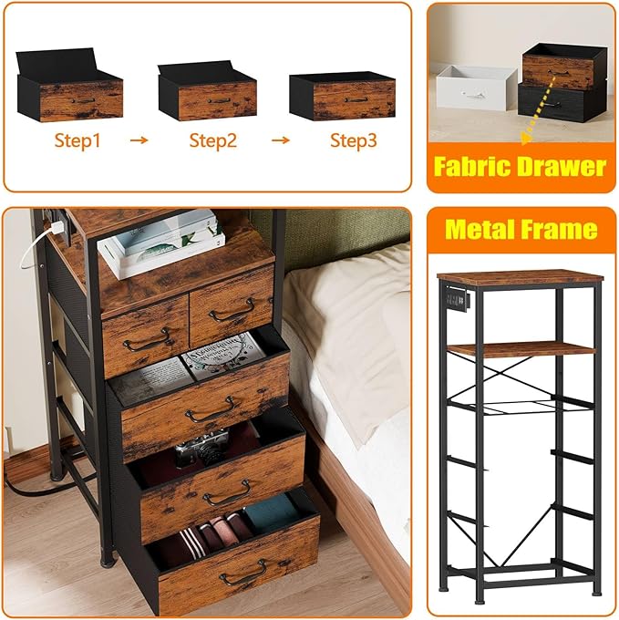 Furnulem Dresser for Bedroom, Tall Nightstand, Vertical Chest with Wood Top, Charging Station, LED Lights, 5 Fabric Bins, Bedside Table with Shelf, Furniture for Entryway (5 Drawer, Rustic Brown)