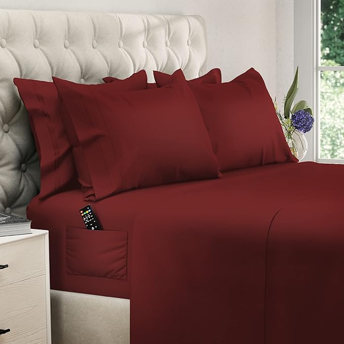 DREAMCARE California King Sheet Sets – 6 pcs Cooling Bed Sheets – up to 21” Deep Cal King Sheets – 2500 Supreme Collection – Extra Soft 100% Brushed Microfiber Hotel Luxury with Side Pocket – Burgundy