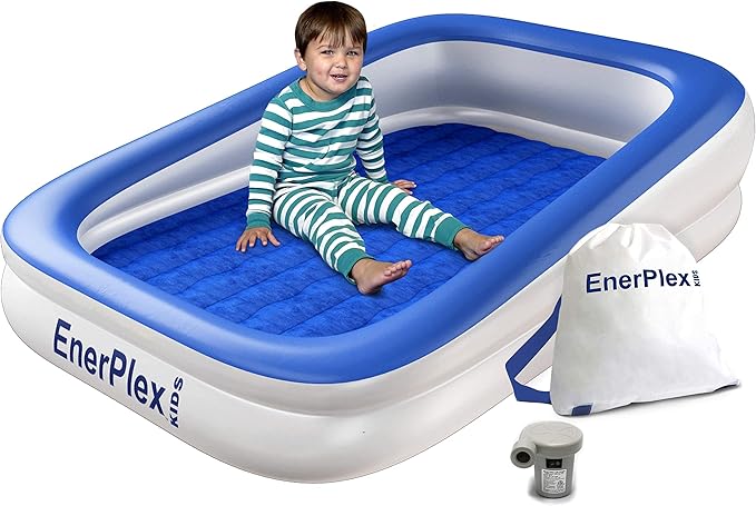 EnerPlex Kids Inflatable Travel Bed with High Speed Pump, Portable Blow up Toddler Air Mattress with Sides – Built-in Safety Bumper - Blue