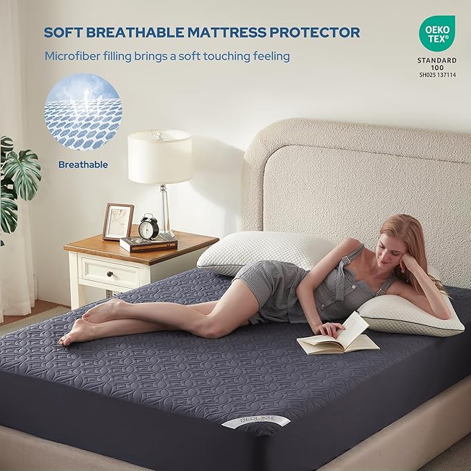 BEDLORE Waterproof Mattress Protector, Queen Size Mattress Pad with Deep Pocket 6"-18" Depth, Soft Dirt-Proof Double Bed Mattress Cover for Bedroom, College Dorm, Hotel (Navy Blue)