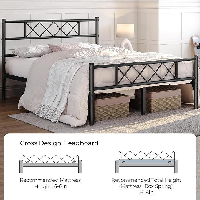 Yaheetech Queen Size Metal Platform Bed Frame with Simple Headboard and Footboard, Mattress Foundation for Under Bed Storage, Steel Slat Support, No Box Spring Needed, Easy Assembly, Black