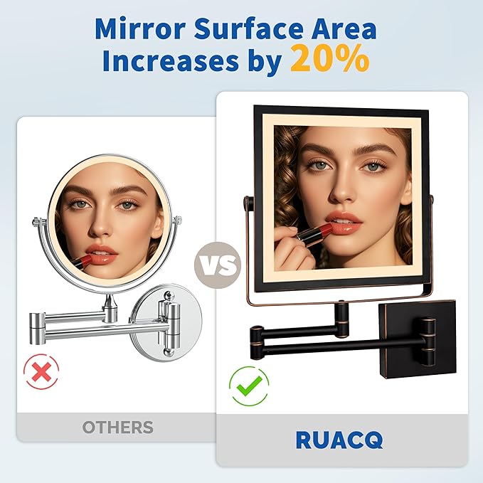 Ruacq Rechargeable Wall Mounted Makeup Mirror with Lights, Double Sided 1X/10X Magnifying Vanity Mirror with 3 Color Lights, Touch Screen Dimmable, 360° Rotation Foldable Arm (Oil Rubbed Bronze)
