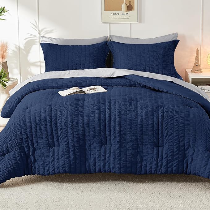 HYMOKEGE Navy Blue/Light Grey Twin Comforter Set Seersucker 5 Pieces, All Season Luxury Bed in a Bag for Bedroom, Bedding Set with Comforter, Sheets, Pillowcase & Sham