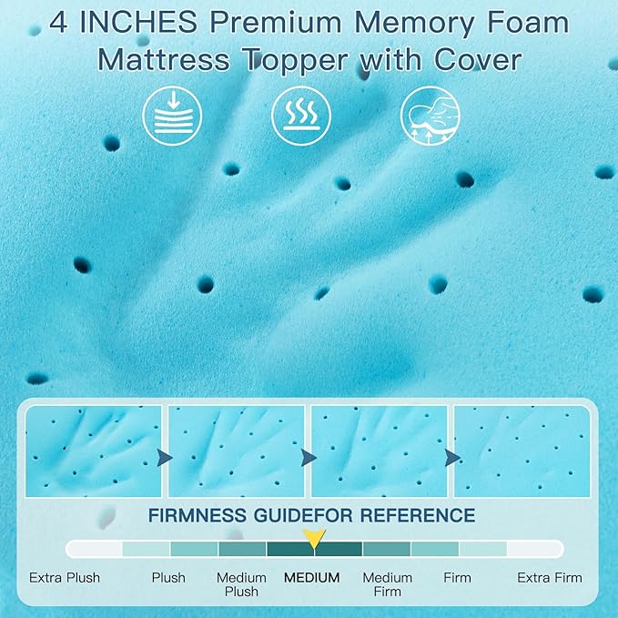 Airensky 4 Inch Memory Foam Mattress Topper, Cooling Gel Infused High Density Cal King (72"x84") Topper with Removable Washable Cover, Bed Topper for Pressure Relief Back Pain, CertiPUR-US Certified