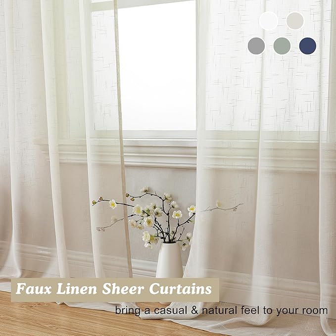 Aiyufeng Kirei Farmhouse Sheer Curtains Flax Textured for Living Room, Semi Sheer Vertical Drapes Privacy with Light Filter for Home Office/Farm House, W40 x L72, Linen, 1 Pair
