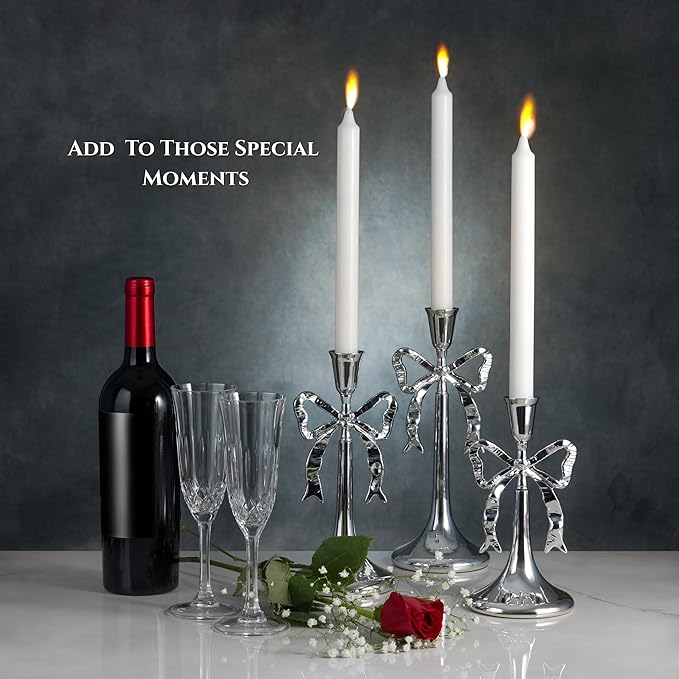 Iris Bow Candle Holders Set of 3, Silver Taper Candlestick Holders, Vintage Decor Perfect for Home Décor Accents, Centerpiece Dining Table Wedding Decor Fireplace Mantel or Housewarming Gift