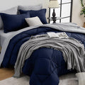 HEVUMYI Full Comforter Set - 7-Piece All Season Bed in a Bag Full, Ultra Soft Bedding Set with Comforter, Flat Sheet, Fitted Sheet, Pillowcases, Pillow Shams, Navy Blue & Light Grey