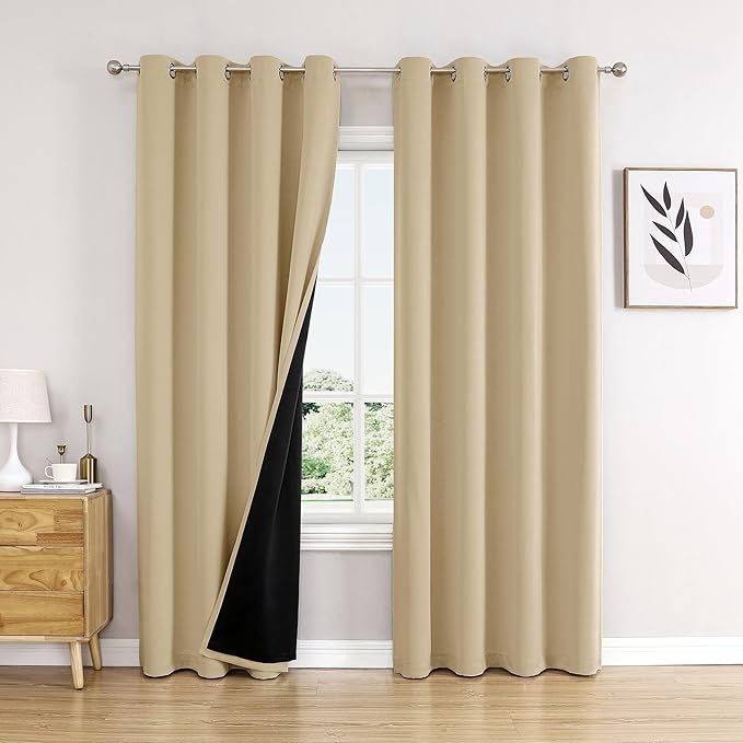 ChrisDowa 100% Blackout Curtains 90 inch Long for Bedroom with Black Liner, 2 Thick Layers Total Blackout Thermal Insulated Grommet Long Window Curtains 2 Panels Set (Beige, 52 x 90 Inch)