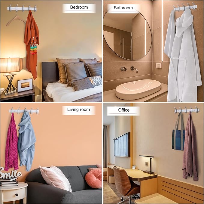 White Coat Rack Wall Mount – 15 Inch Stainless Steel Hook Rail with 5 Heavy Duty Double Coat Hooks – Wall Mounted Coat Hanger for Entryway, Bathroom, Bedroom, Towel, Hat Organizer - 2 Pack