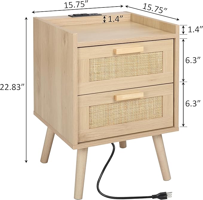 Finnhomy Nightstand with Charging Station, Bedside Table with 2 Hand Made Rattan Decorated Drawers, Night Stand with Storage for Bedroom, Natural