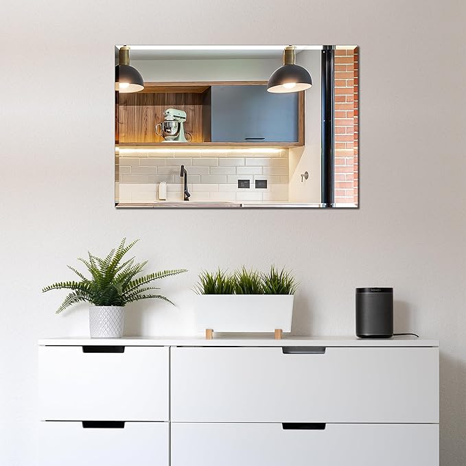 Ruomeng Rectangle Wall Mirror Frameless Bathroom Mirror 16” x 24" Beveled Edge Mirror for Vanity and Entryway