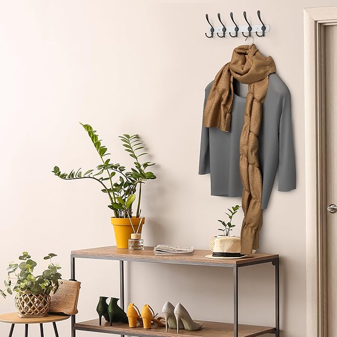 Coat Rack Wall Mount with 5 Tri Hooks, Stainless Steel 16 Inch – White & Black Matte Finish, Heavy Duty Wall Mounted Hook Rack for Coats, Hats, Towels, Scarfs, Robes, Bags, Entryway & Bathroom, 2 Pack