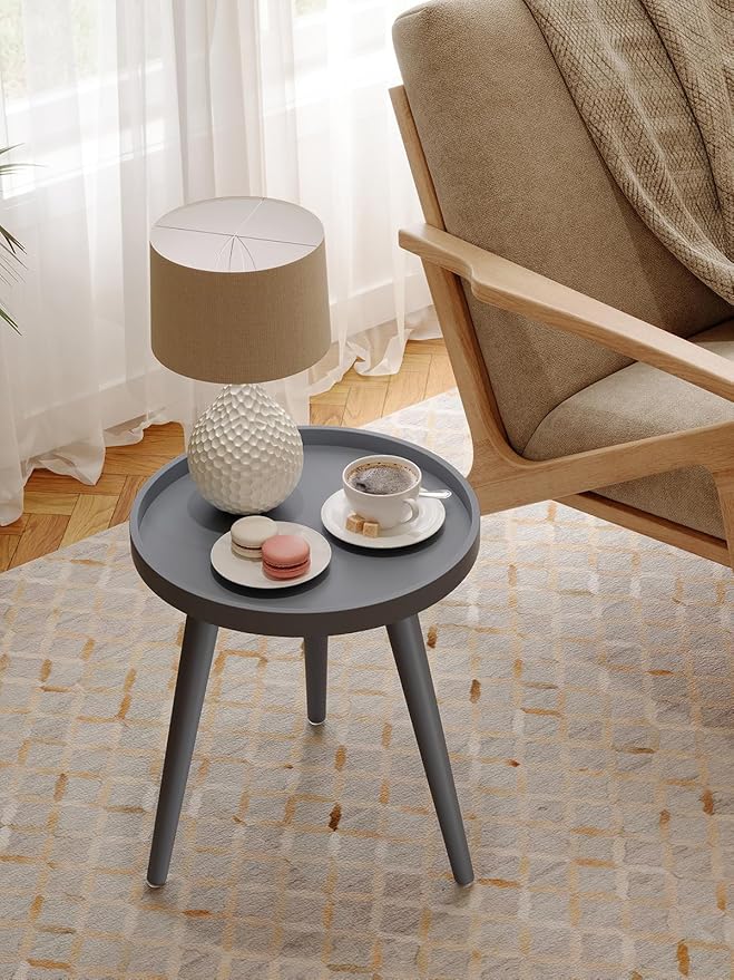Apicizon Grey Round Side Table Set of 2, Tray Nightstand Sofa Coffee End Table for Living Room, Bedroom, Small Spaces, Easy Assembly Bedside Table, 15 x 18 Inches, Grey