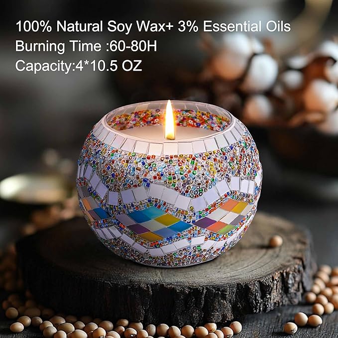 Rancco Handmade Mosaic Glass Tealight Candle Holder Set - 4 Pack with 10.5 oz Long-Lasting Soy Wax Scented Candles - Perfect Aromatherapy Gifts for Women, Moms, Birthdays, Spa Days, and Christmas