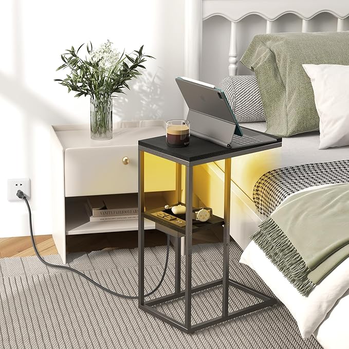 Yoobure LED C Shaped End Table with Charging Station, Small Side Tables for Living Room Bedroom, TV Tray Table with USB Ports and Outlets for Small Spaces, C Table for Couch Sofa, Bed Side Table