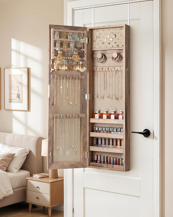 Nicetree Mirror Jewelry Cabinet, Jewelry Armoire with Full Length Mirror,Mirror with Jewelry Storage Wall/Door Mounted, Lockable Jewelry Armoire Organizer,Toasted Oak