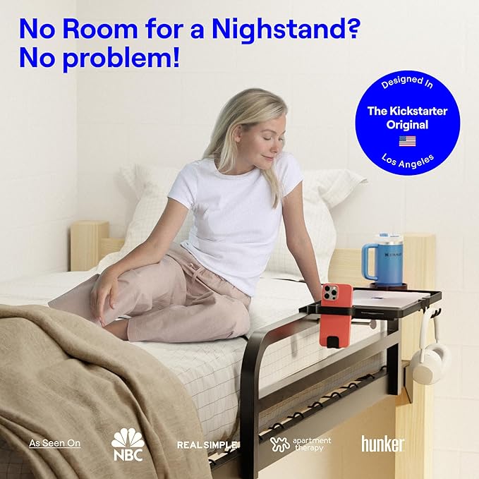 BedShelfie Bedside Shelf for Dorm Room Bunk Bed & Top Bunk, College Dorm Room Essentials, Bedside Caddy, Clip on Floating Tray, Bed Side Table Storage, Loft Nightstand Decor, Black