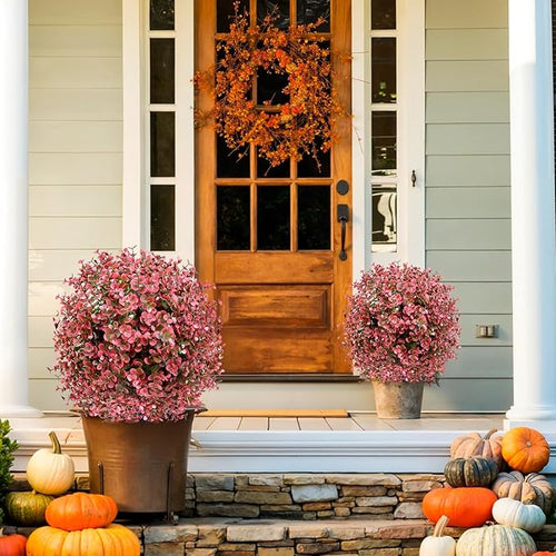 2 Pack 23” Artificial Topiary Bushes for Outdoors Fall Decorations with 7.8” Spike, Red Boxwood Ball Fake Shrubs UV Resistant Faux Plants for Indoor Outdoor Garden Entryway Front Porch Decor